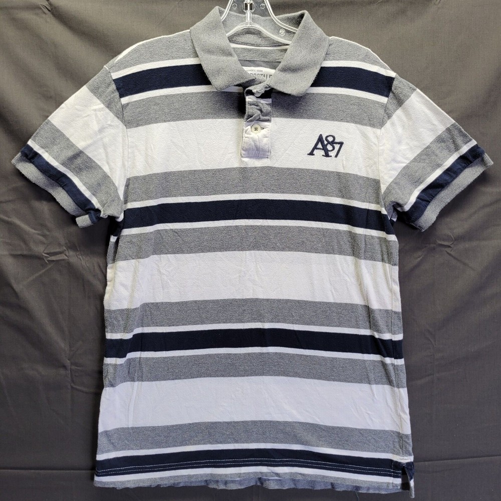 Aeropostale Men's Shirt M Polo Short Sleeve Striped Logo Grey/Black